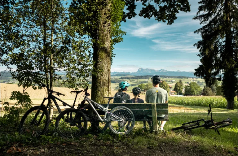 Familie sitzt auf einer Bank unter einem Baum. Daneben stehen Bikes
